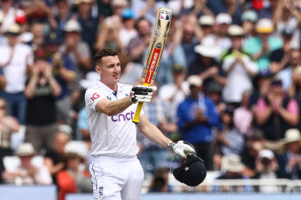 England's Harry Brook celebrates his century on the fourth day of the second Test cricket match between England and West Indies at Trent Bridge in Nottingham on July 21, 2024. (Photo by Darren Staples / AFP) / RESTRICTED TO EDITORIAL USE. NO ASSOCIATION WITH DIRECT COMPETITOR OF SPONSOR, PARTNER, OR SUPPLIER OF THE ECB (Photo by DARREN STAPLES/AFP via Getty Images)