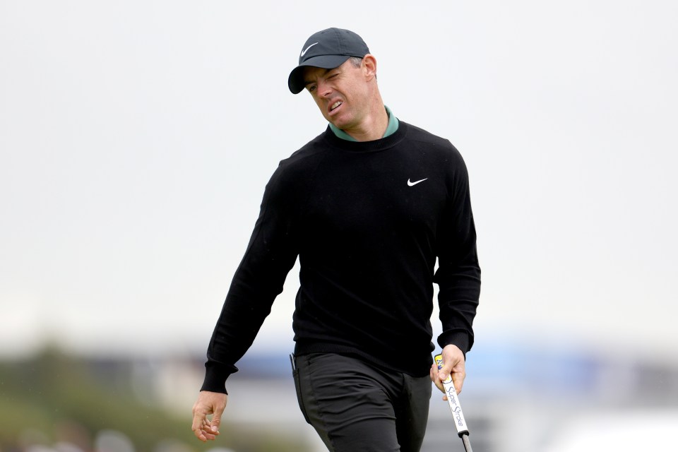 TROON, SCOTLAND - JULY 18: Rory McIlroy of Northern Ireland reacts to a missed birdie putt on the 16th green on day one of The 152nd Open championship at Royal Troon on July 18, 2024 in Troon, Scotland. (Photo by Harry How/Getty Images)
