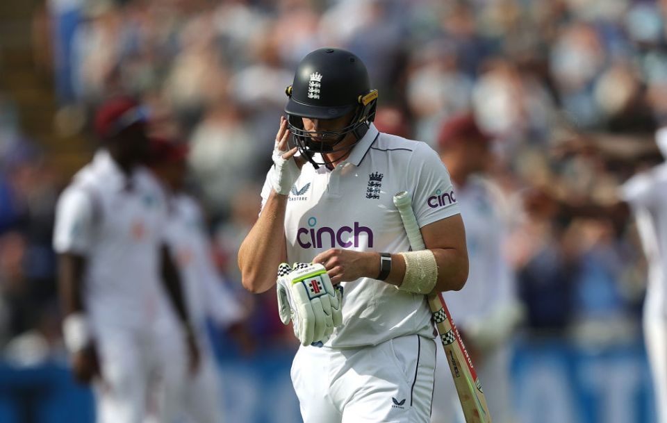 BIRMINGHAM, ENGLAND - JULY 27:  Jamie Smith of England looks dejected after being bowled by Shamar Joseph while on 95 runs during day two of the 3rd Test Match between England and the West Indies at Edgbaston on July 27, 2024 in Birmingham, England.  (Photo by David Rogers/Getty Images)
