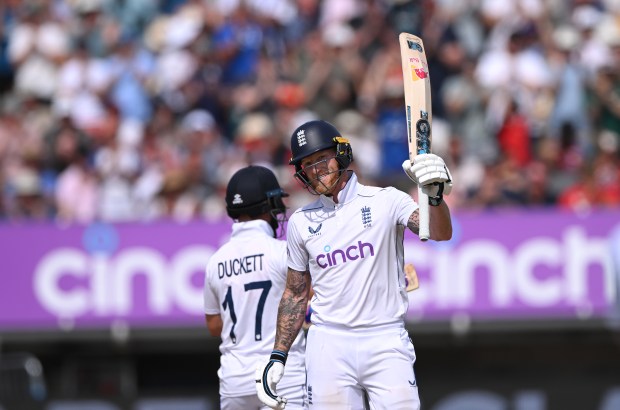 BIRMINGHAM, ENGLAND - JULY 28: England batsman Ben Stokes reaches his 50 during day three of the 3rd Test Match between England and West Indies at Edgbaston on July 28, 2024 in Birmingham, England. (Photo by Stu Forster - ECB/ECB via Getty Images)