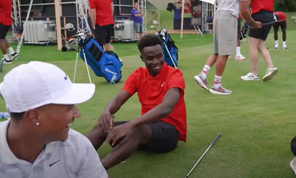 Saka could not help but manage a sheepish smile when he fell over in front of his teammates
