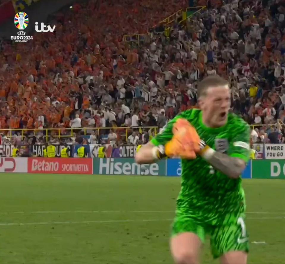 Pickford celebrated wildly after Watkins scored England's winner