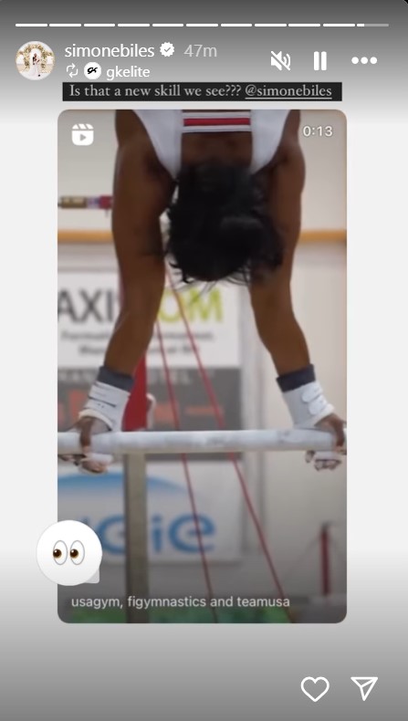 Biles shared a glimpse at her new uneven bars move on IG