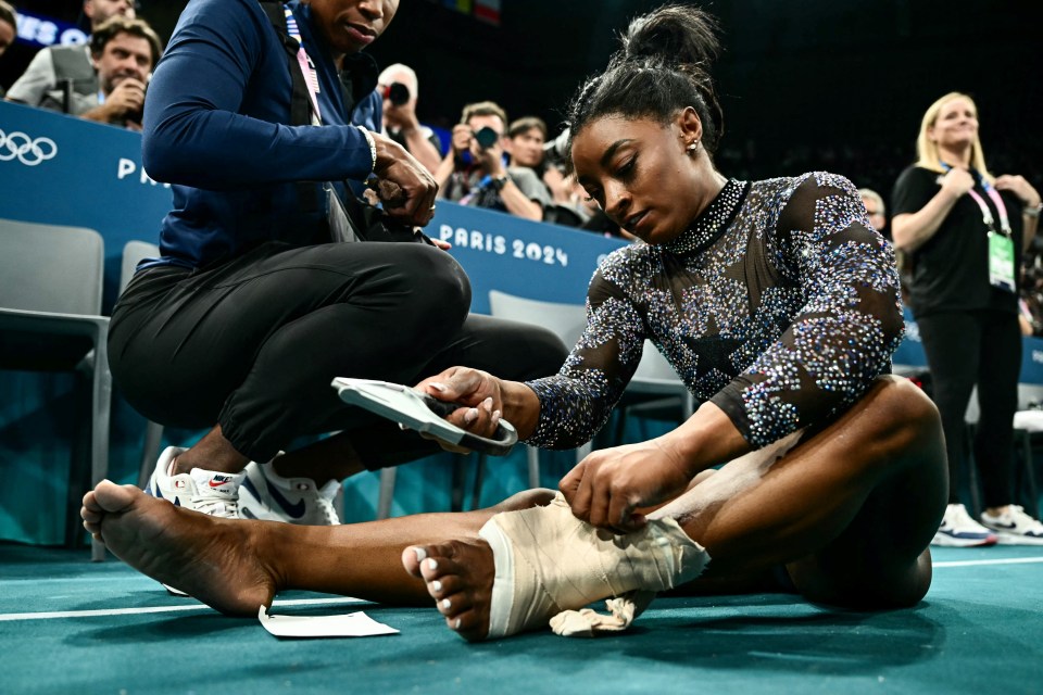Biles was seen with strapping on her left ankle