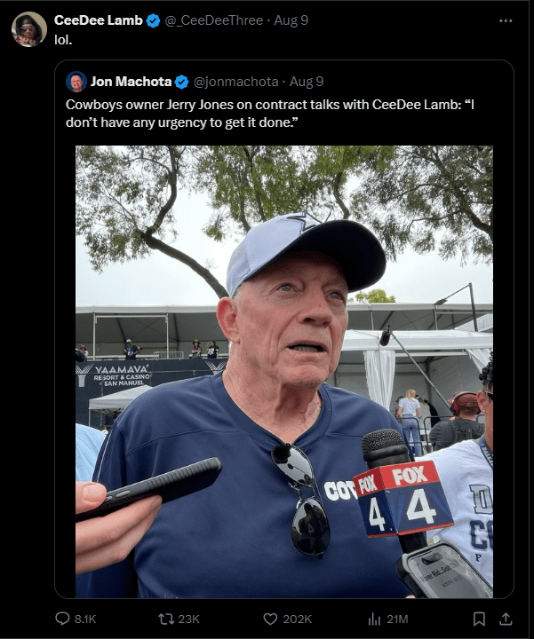 Lamb made his feelings clear on Jerry Jones stance this summer