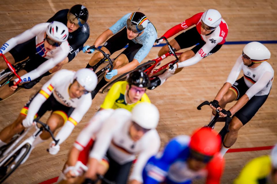 Belgian track cyclist Robbe Ghys pictured in action during the final race of the men's team Madison track cycling event on day 16 of the 'Tokyo 2020 Olympic Games' in Tokyo, Japan on Saturday 07 August 2021. The postponed 2020 Summer Olympics are taking place from 23 July to 8 August 2021. BELGA PHOTO JASPER JACOBS (Photo by JASPER JACOBS/BELGA MAG/AFP via Getty Images)