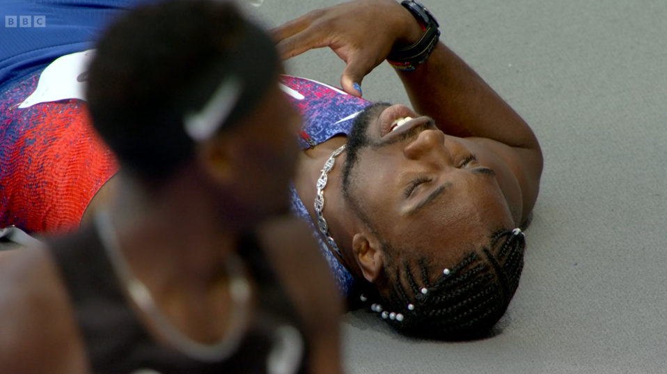 Noah Lyles went down on the track after finishing with a bronze in the 200m final