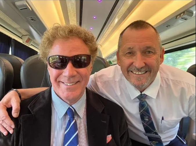 Ferrell was pictured with staff as he sat on a train to Leeds