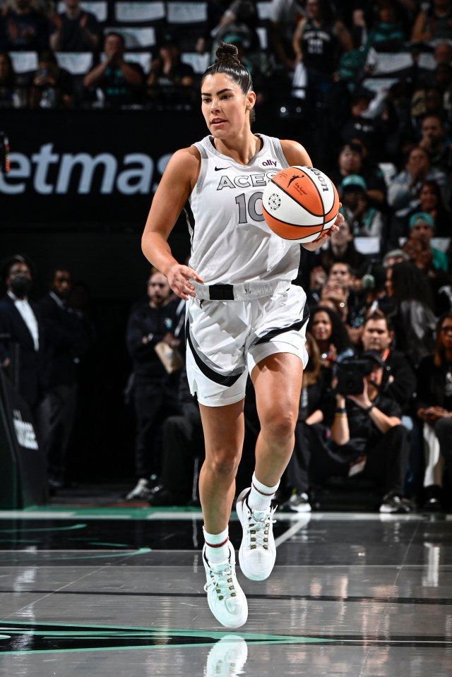 BROOKLYN, NY - SEPTEMBER 29: Kelsey Plum #10 of the Las Vegas Aces dribbles the ball during the game against the New York Liberty during Round Two Game One of the 2024 WNBA Playoffs on September 29, 2024 in Brooklyn, New York. NOTE TO USER: User expressly acknowledges and agrees that, by downloading and or using this photograph, user is consenting to the terms and conditions of the Getty Images License Agreement. Mandatory Copyright Notice: Copyright 2024 NBAE (Photo by David Dow/NBAE via Getty Images)