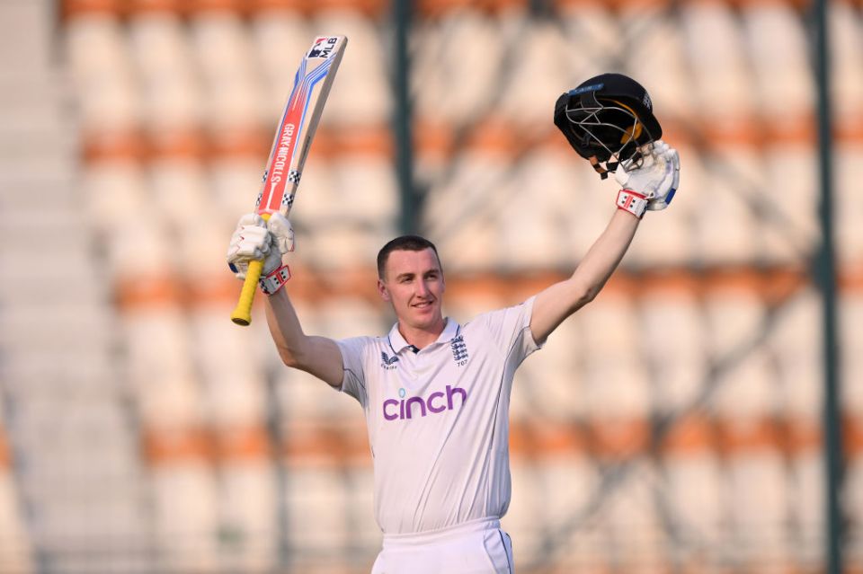MULTAN, PAKISTAN - OCTOBER 09: Harry Brook of England celebrates reaching his centuryduring day three of the 1st Test Match between Pakistan and England at Multan Cricket Stadium on October 09, 2024 in Multan, Pakistan. (Photo by Stu Forster/Getty Images)