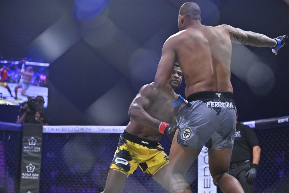 RIYADH, SAUDI ARABIA - OCTOBER 19: Renan Ferreira (R) of Brazil and Francis Ngannou (L) of Cameroon compete during a match organized by Professional Fighters League MENA in Riyadh, Saudi Arabia on October 19, 2024. (Photo by Mohammed Saad/Anadolu via Getty Images)