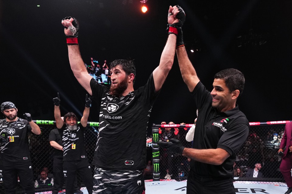 Magomed Ankalaev celebrates his UFC 308 victory.