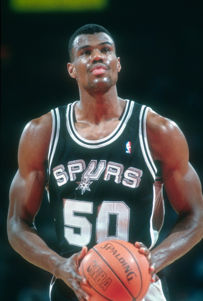 David Robinson #50 of the San Antonio Spurs shoots a foul shot.