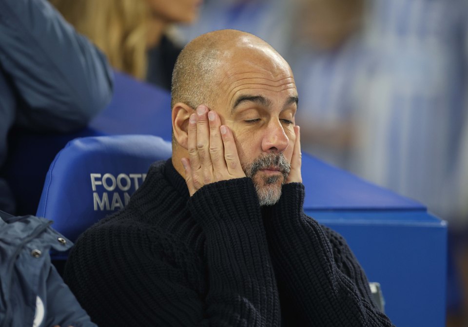 BRIGHTON, ENGLAND - NOVEMBER 9: Josep Guardiola Manager of Manchester City looks disappointed & dejected during the Premier League match between Brighton & Hove Albion FC and Manchester City FC at Amex Stadium on November 9, 2024 in Brighton, England. (Photo by Crystal Pix/MB Media/Getty Images)