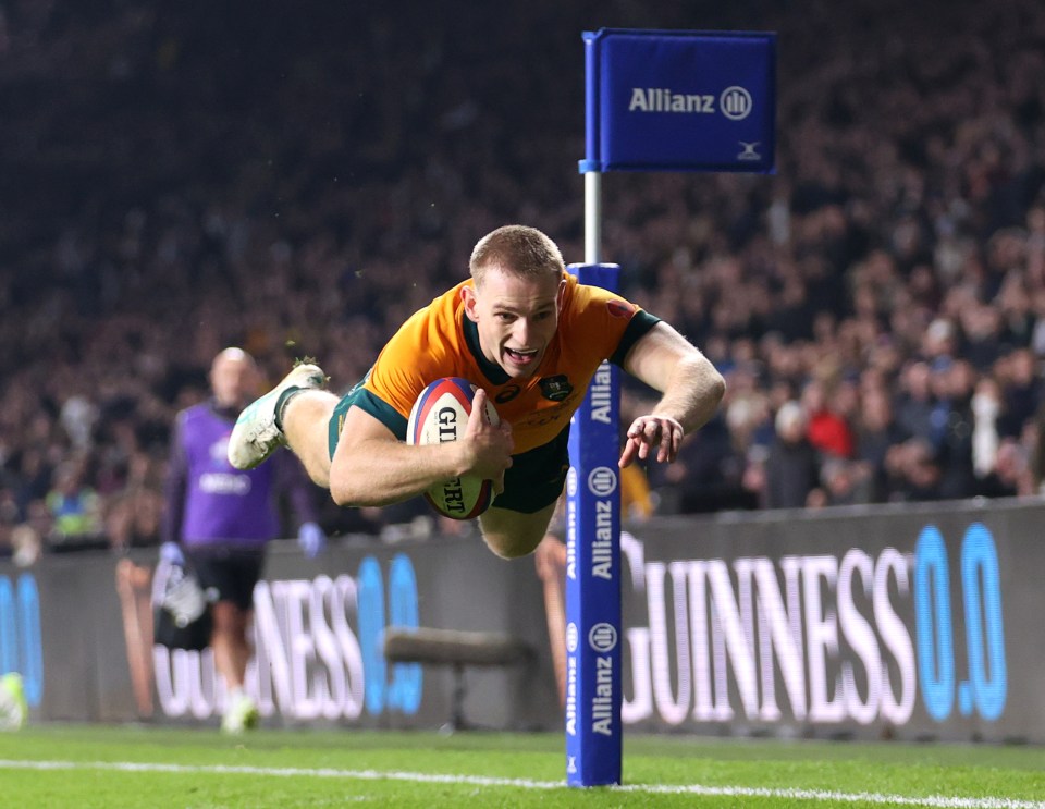 LONDON, ENGLAND - NOVEMBER 09: Max Jorgensen of Australia celebrates as he scores his team's fifth and winning try during the Autumn Nations Series 2025 match between England and Australia at Allianz Stadium on November 09, 2024 in London, England. (Photo by Julian Finney/Getty Images)