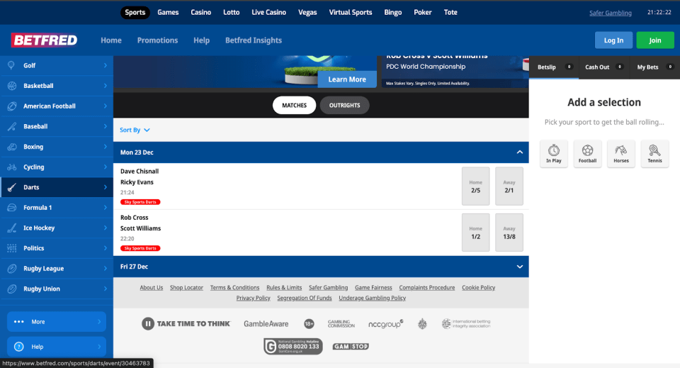 Betfred darts betting interface