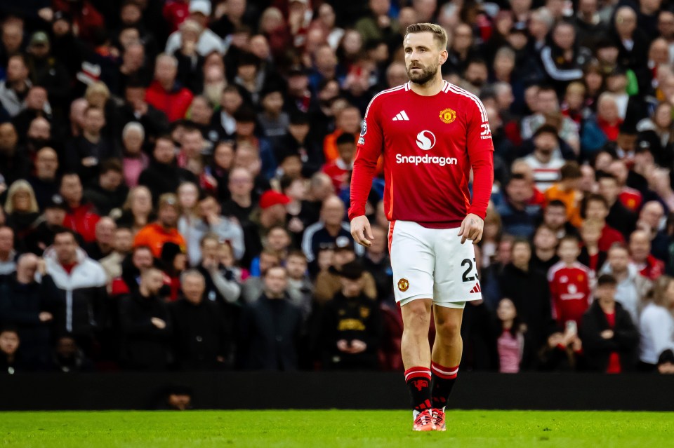 MANCHESTER, ENGLAND - DECEMBER 01: Luke Shaw of Manchester United looks on during the Premier League match between Manchester United FC and Everton FC at Old Trafford on December 01, 2024 in Manchester, England. (Photo by Ash Donelon/Manchester United via Getty Images)
