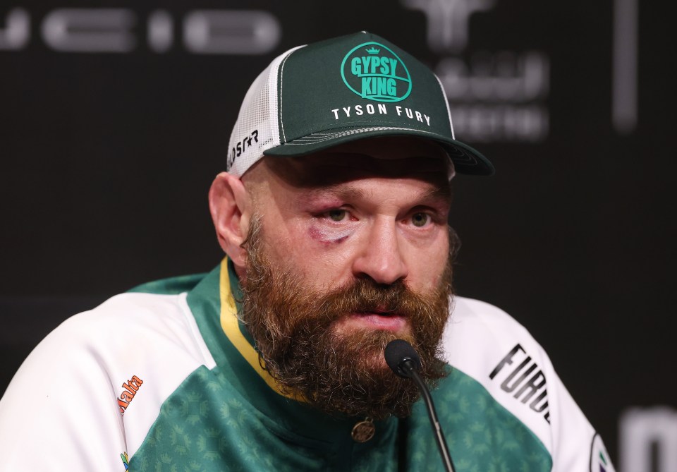 RIYADH, SAUDI ARABIA - DECEMBER 21: Tyson Fury speaks to the media in a post fight after the IBF, IBO, WBA, WBC and WBO Undisputed World Heavyweight titles' fight between Oleksandr Usyk and Tyson Fury as part of Oleksandr Usyk v Tyson Fury 2, Reignited card at Kingdom Arena on December 21, 2024 in Riyadh, Saudi Arabia. (Photo by Richard Pelham/Getty Images)