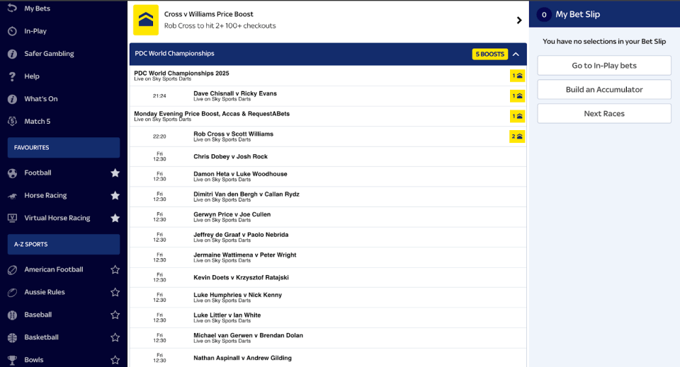 Sky Bet darts betting interface