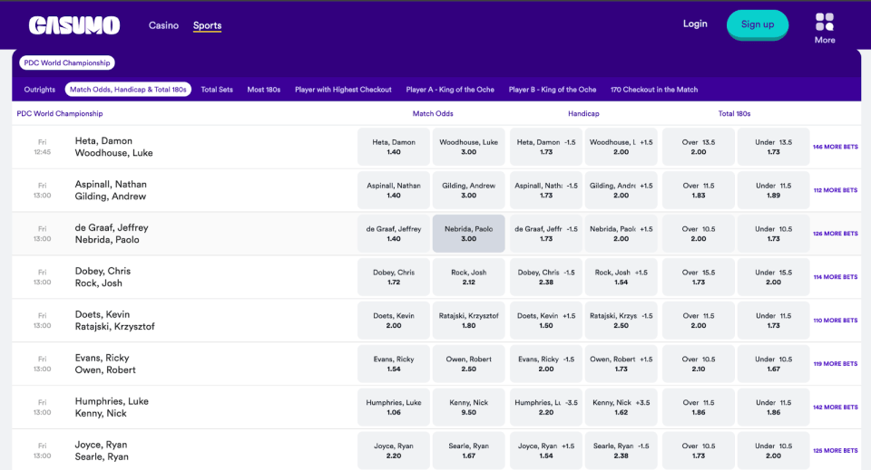 Casumo darts betting interface