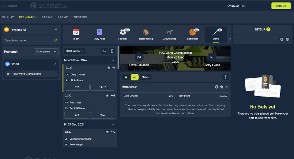 CopyBet darts betting interface