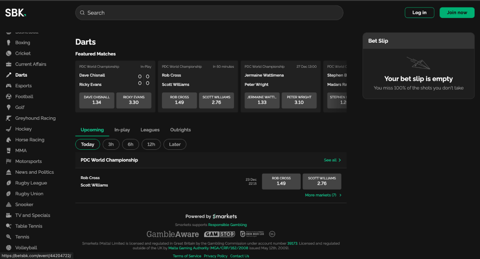 SBK darts betting interface