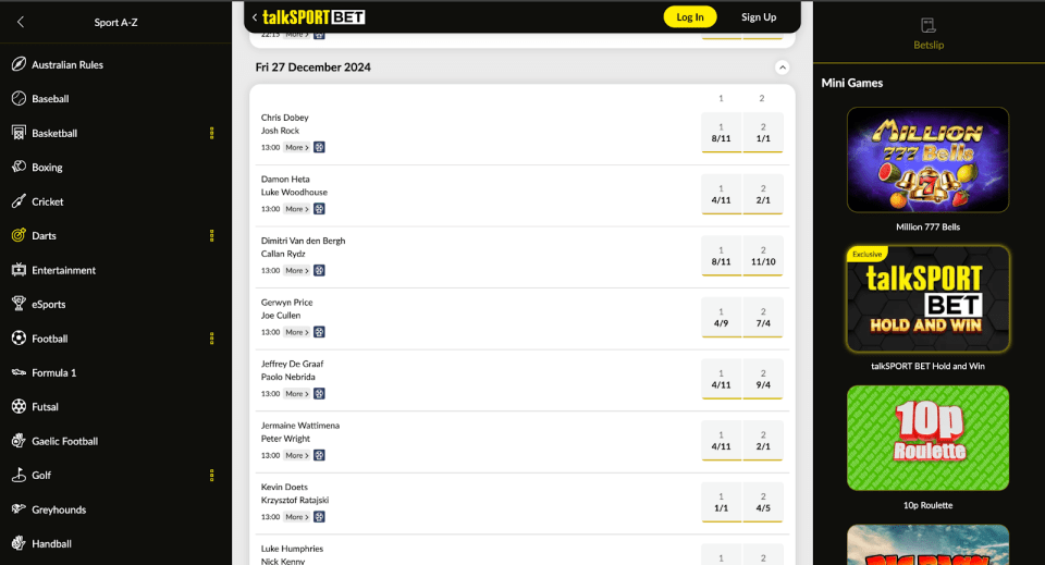 talkSPORT BET darts betting interface