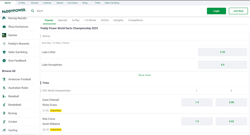 Paddy Power darts betting interface