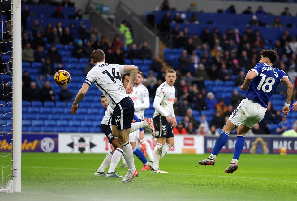 CARDIFF, WALES - JANUARY 01: Alex Robertson of Cardiff City scores the opening goal during the Sky Bet Championship match between Cardiff City FC and Coventry City FC at Cardiff City Stadium on January 01, 2025 in Cardiff, Wales. (Photo by Michael Steele/Getty Images)