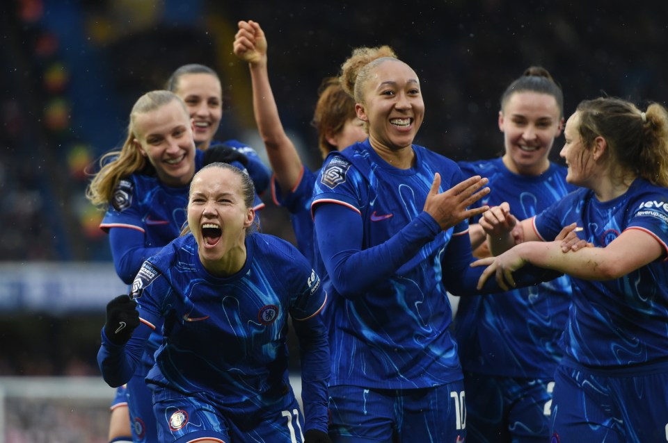 LONDON, ENGLAND - JANUARY 26: Guro Reiten of Chelsea celebrates after scoring her team's first goal during the Barclays Women's Super League match between Chelsea FC and Arsenal at Stamford Bridge on January 26, 2025 in London, England. (Photo by Harriet Lander - Chelsea FC/Chelsea FC via Getty Images)
