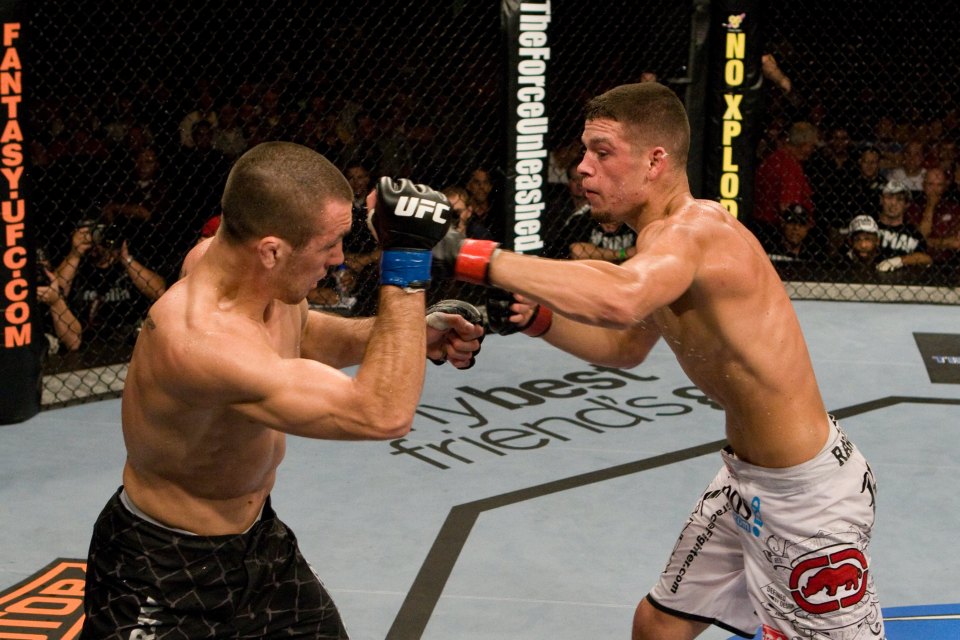 OMAHA, NE - SEPTEMBER 17:  Nate Diaz fights Josh Neer during UFC Fight Night 15 at Omaha Civic Auditorium on September 17, 2008 in Omaha, Nebraska.  (Photo by Josh Hedges/Zuffa LLC via Getty Images)