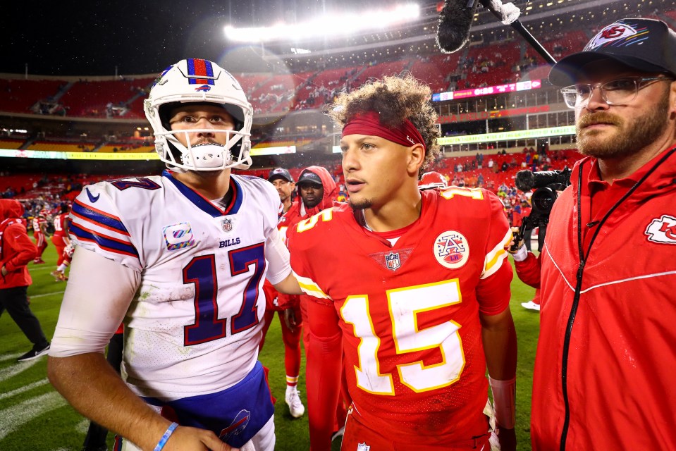 Josh Allen and Patrick Mahomes talking after an NFL game.