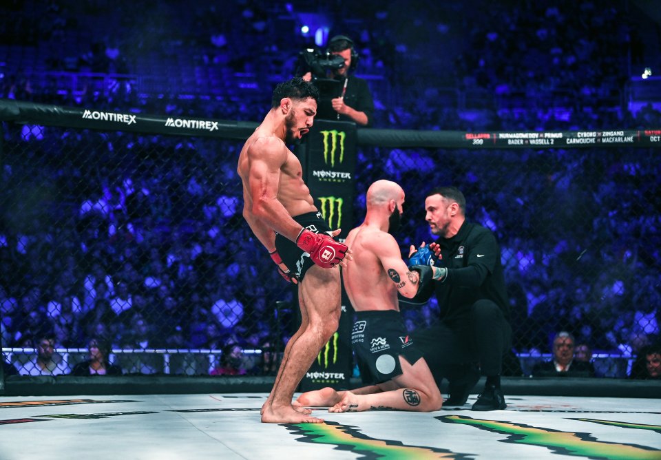 Aaron Pico celebrates winning his featherweight fight at Bellator 299.