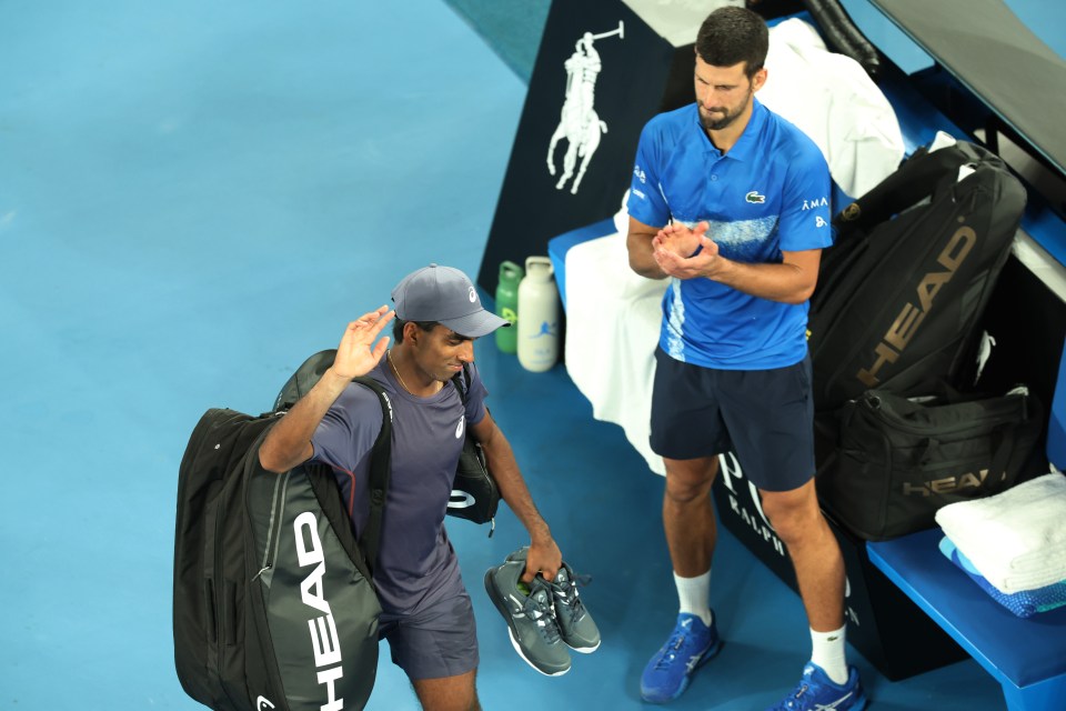 Nishesh Basavareddy and Novak Djokovic following their match