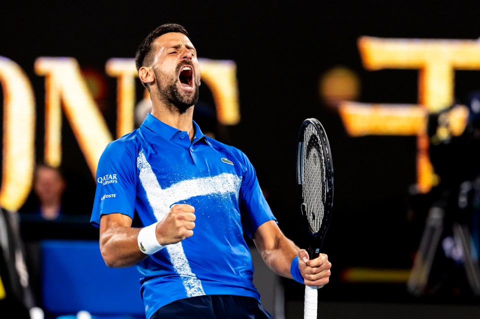 Novak Djokovic celebrating a tennis victory.