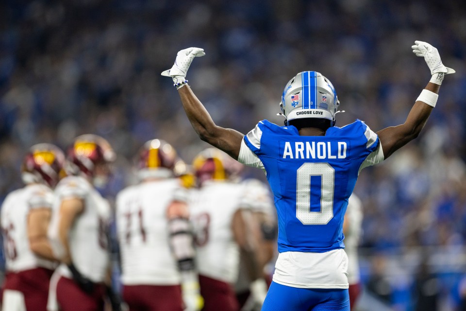 DETROIT, MICHIGAN - JANUARY 18: Terrion Arnold #0 of the Detroit Lions reacts during an NFL Football game against the Washington Commanders at Ford Field on January 18, 2025 in Detroit, Michigan. (Photo by Michael Owens/Getty Images)