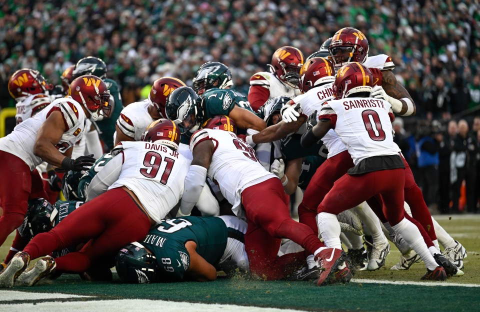 PHILADELPHIA  PA - JANUARY 26: Philadelphia Eagles quarterback Jalen Hurts (1) scores a touchdown during the NFC Championship game at Lincoln Financial Field in Philadelphia, PA on January 26, 2025. (Photo by John McDonnell/ for The Washington Post via Getty Images)