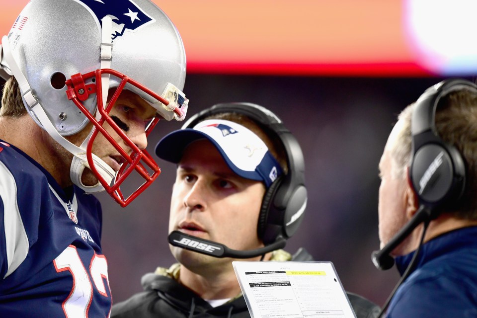 FOXBORO, MA - NOVEMBER 13:  Tom Brady #12 of the New England Patriots reacts with head coach Bill Belichick and offensive coordinator Josh McDaniels during the fourth quarter of a game against the Seattle Seahawks at Gillette Stadium on November 13, 2016 in Foxboro, Massachusetts.  (Photo by Billie Weiss/Getty Images)
