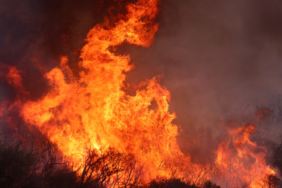 A brushfire is raging around the Pacific Palisades community