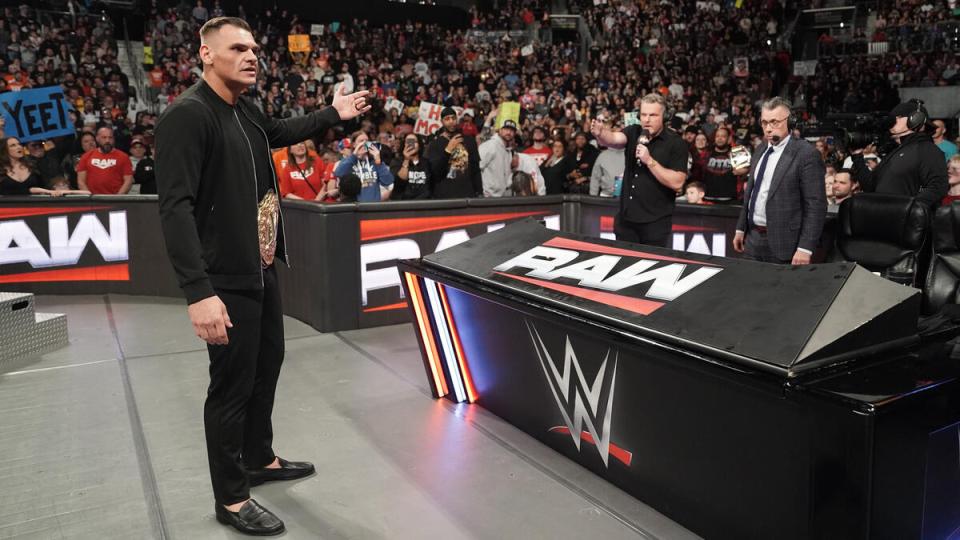 Gunther on Raw, addressing the audience.
