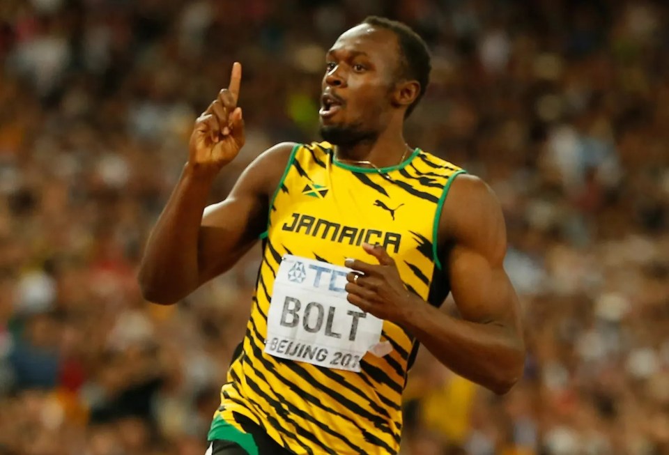 Usain Bolt winning a race.