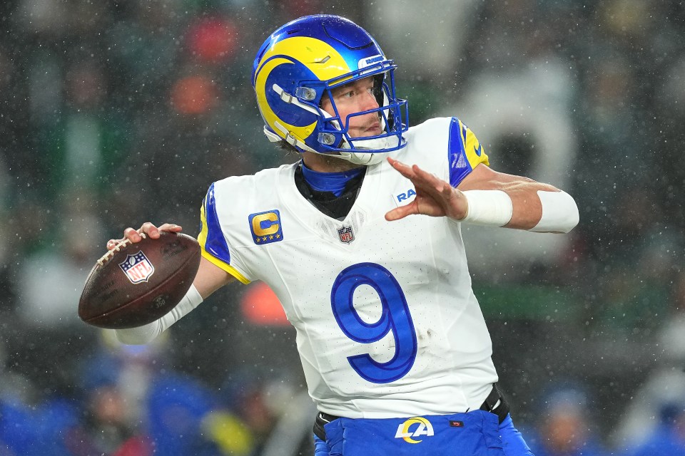 Matthew Stafford #9 of the Los Angeles Rams throws a football.