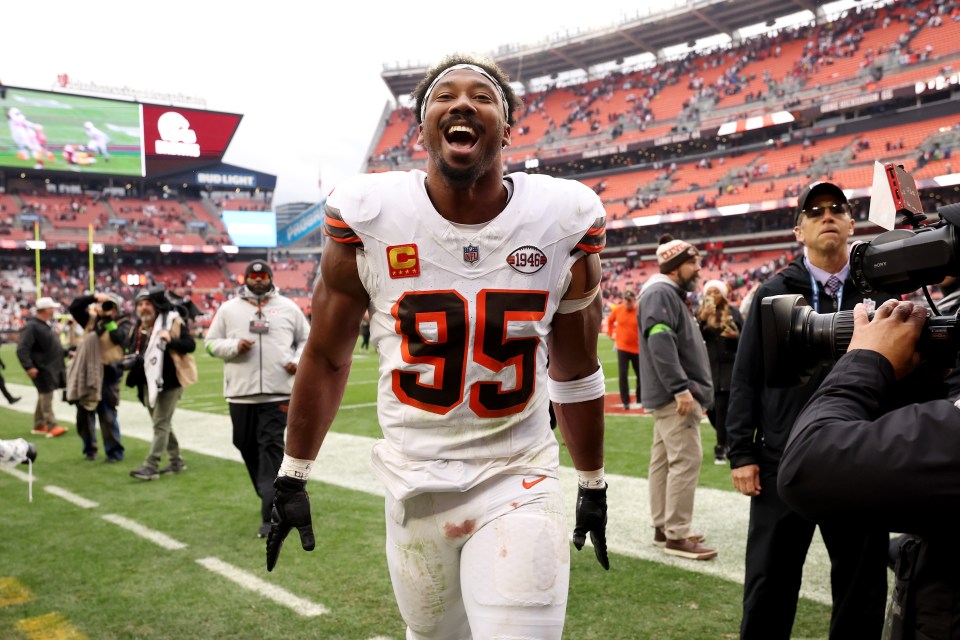CLEVELAND, OHIO - OCTOBER 15: Myles Garrett #95 of the Cleveland Browns reacts after his team's 19-17 win against the San Francisco 49ers at Cleveland Browns Stadium on October 15, 2023 in Cleveland, Ohio. (Photo by Gregory Shamus/Getty Images)