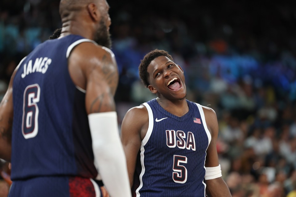 PARIS, FRANCE - AUGUST 06: Anthony Edwards #5 of Team United States reacts after a play during a Men's basketball quarterfinal game between Team United States and Team Brazil on day eleven of the Olympic Games Paris 2024 at Bercy Arena on August 06, 2024 in Paris, France. (Photo by Jamie Squire/Getty Images)