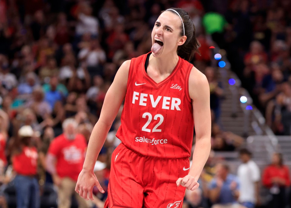 INDIANAPOLIS, INDIANA - AUGUST 16: Caitlin Clark #22 of the Indiana Fever reacts after a three pointer during the first half wam at Gainbridge Fieldhouse on August 16, 2024 in Indianapolis, Indiana. (Photo by Justin Casterline/Getty Images)