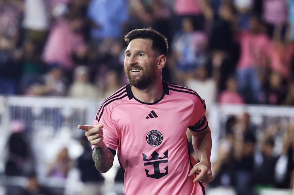 FORT LAUDERDALE, FLORIDA - OCTOBER 19: Lionel Messi #10 of Inter Miami celebrates scoring his third goal during the second half against the New England Revolution at Chase Stadium on October 19, 2024 in Fort Lauderdale, Florida. (Photo by Carmen Mandato/Getty Images)