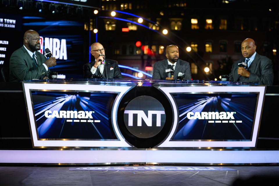 Boston, MA - October 22: Shaquille O'Neal, Ernie Johnson Jr., Kenny Smith, and Charles Barkley during a live presentation of "Inside the NBA," featuring a livestream of the season opener New York Knicks at Boston Celtics game and live music at City Hall Plaza. (Photo by Andrew Burke-Stevenson/The Boston Globe via Getty Images)