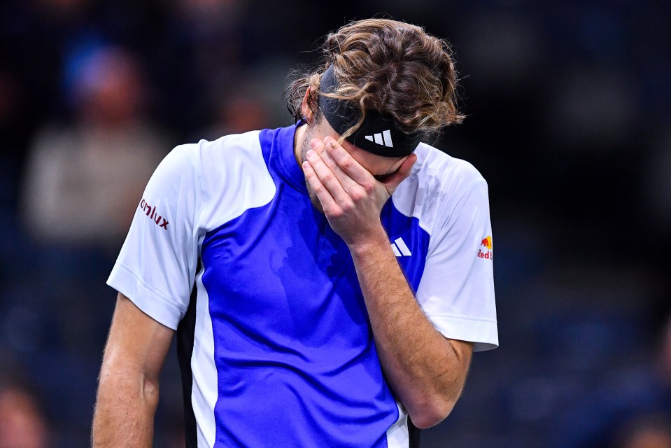 PARIS, FRANCE - OCTOBER 31: Stefanos Tsitsipas of Greece  looks dejected in the third during day four of the Rolex Paris Masters 2024 on October 31, 2024 in Paris, France. (Photo by Franco Arland/Getty Images)
