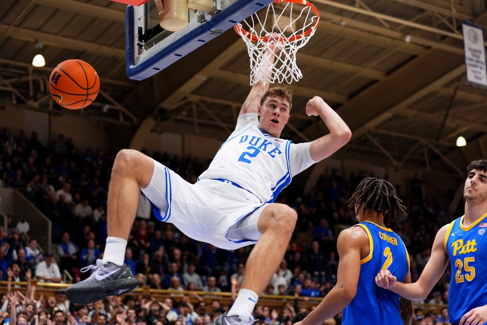 DURHAM, NORTH CAROLINA - JANUARY 07: Cooper Flagg #2 of the Duke Blue Devils dunks against the Pittsburgh Panthers during the second half of the game at Cameron Indoor Stadium on January 07, 2025 in Durham, North Carolina. (Photo by Grant Halverson/Getty Images)
