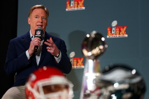 Roger Goodell at a Super Bowl press conference.